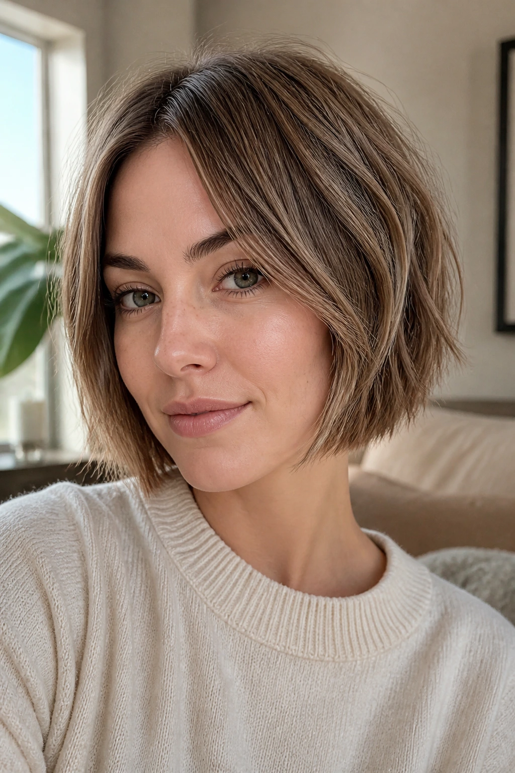 Close-up of a real woman with a piecey bob and micro layers