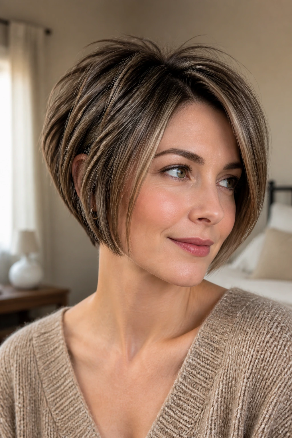 Close-up portrait of a real person with a piecey bob featuring a micro-textured crown, lit by natural window light