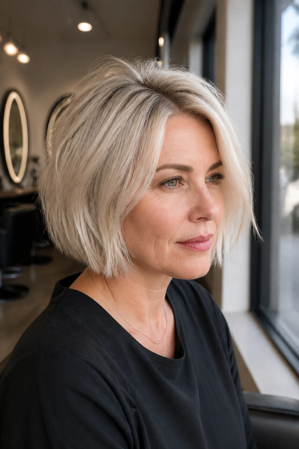 Close-up portrait of a real woman with a platinum Piecey Bob With Root Lift in natural light