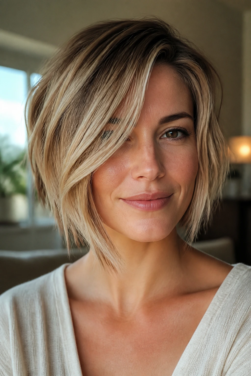 Close-up of a woman with a sand blonde piecey asymmetrical bob