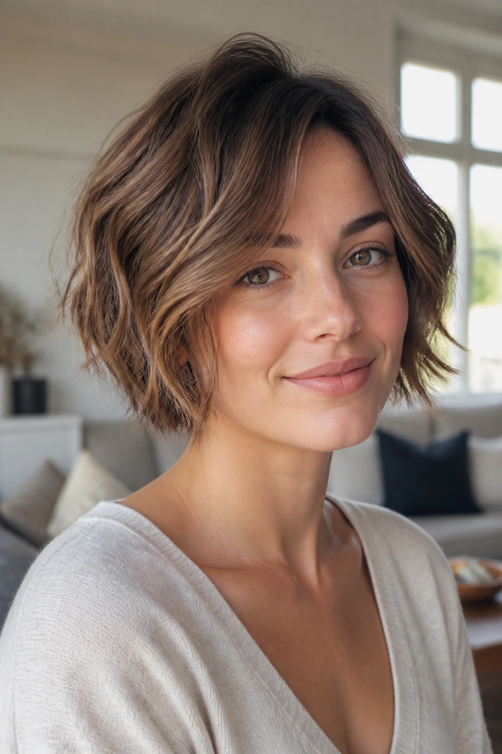 Close-up of a real woman with a piecey bob and sliced layers.
