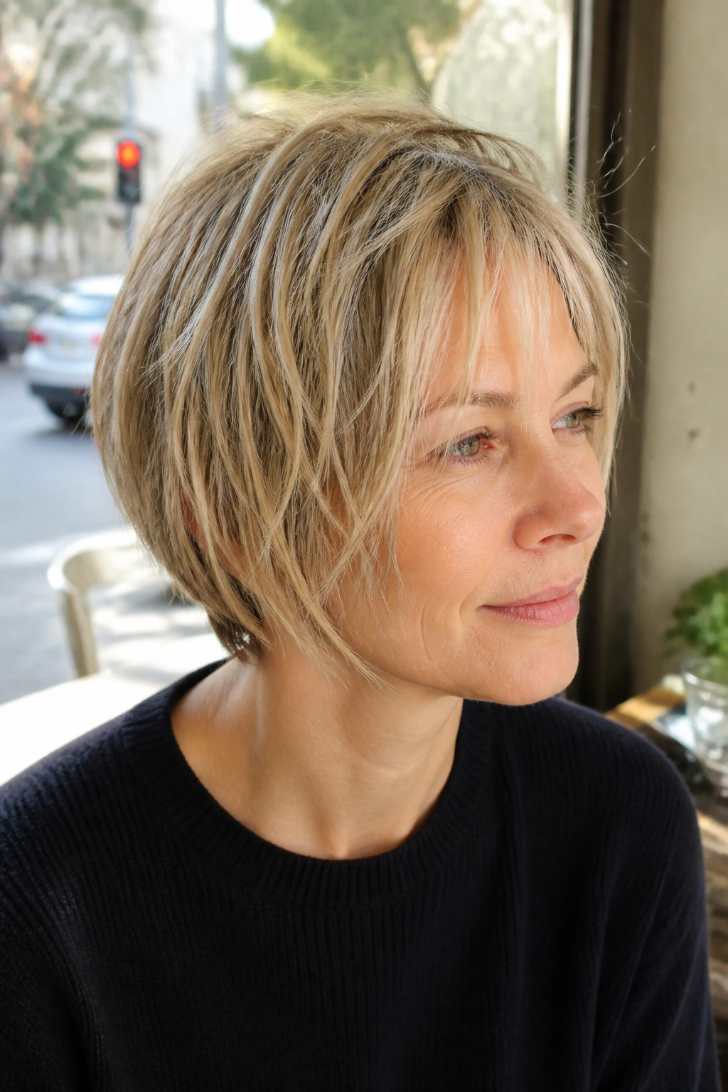 Close-up of a real woman with a piecey bob on fine sparse hair showing separated top pieces.
