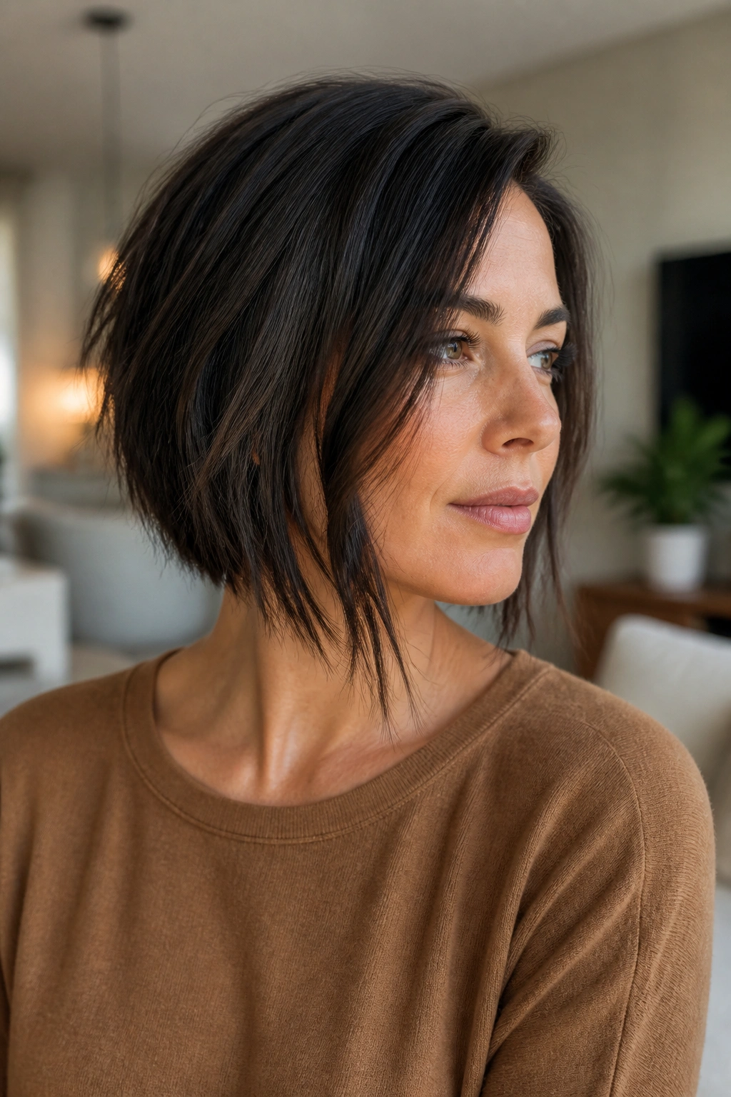 Close-up of a real woman with piecey bob and wispy ends in soft afternoon light
