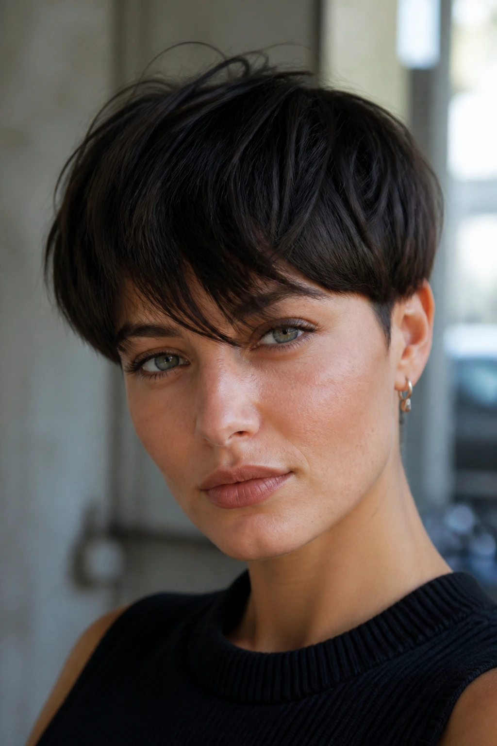 Real woman with piecey bowl cut and off-center fringe, close-up