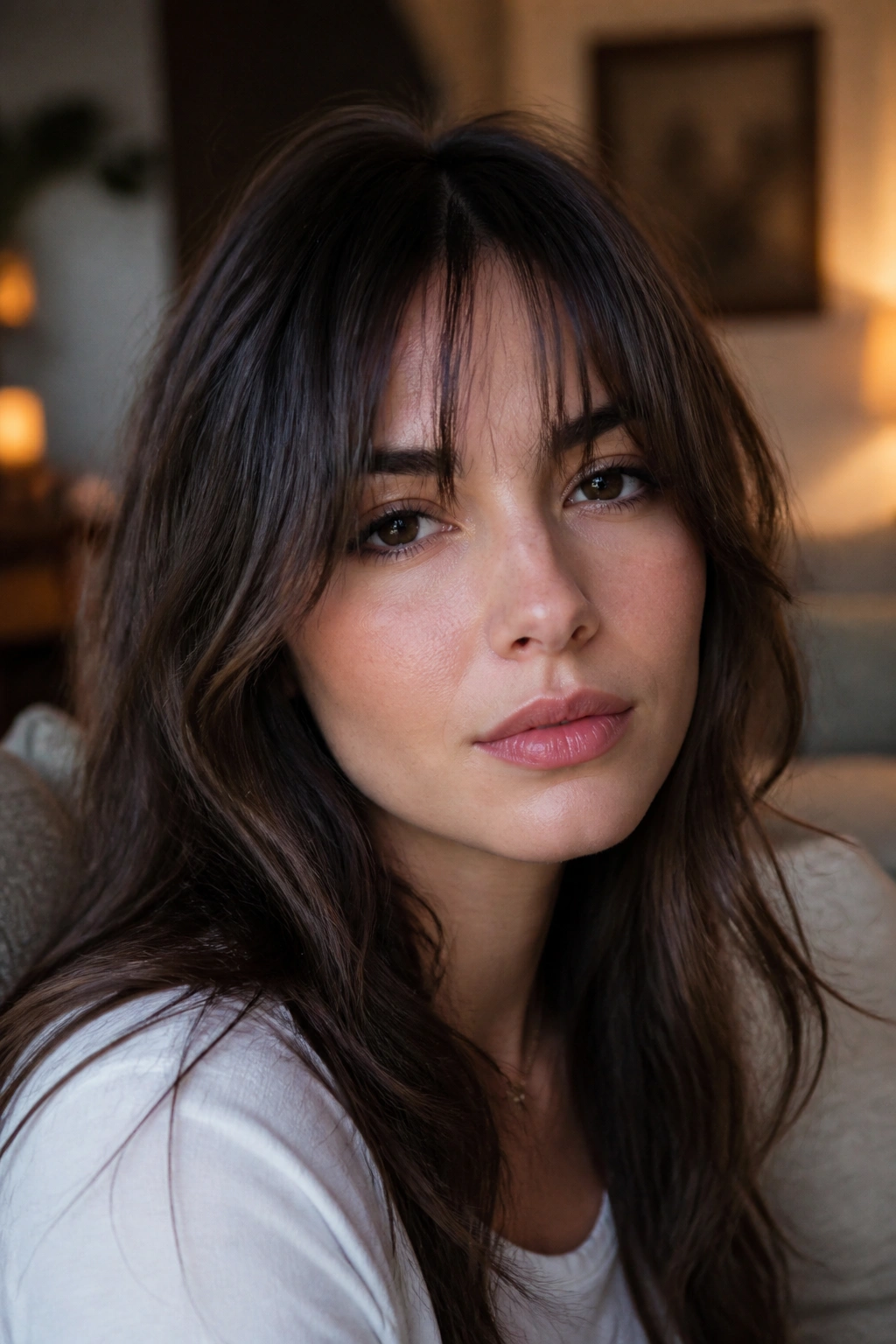 Close-up portrait of a real woman with piecey brow-grazing bangs.