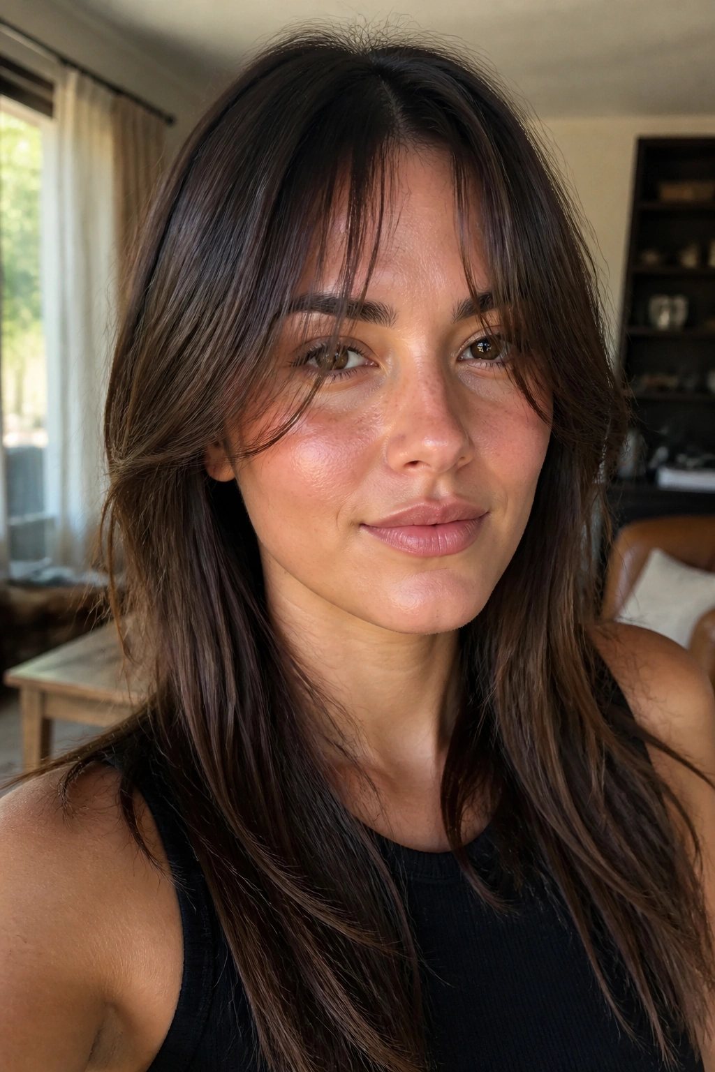 Close-up of a real woman with a piecey center-part fringe framing the cheeks