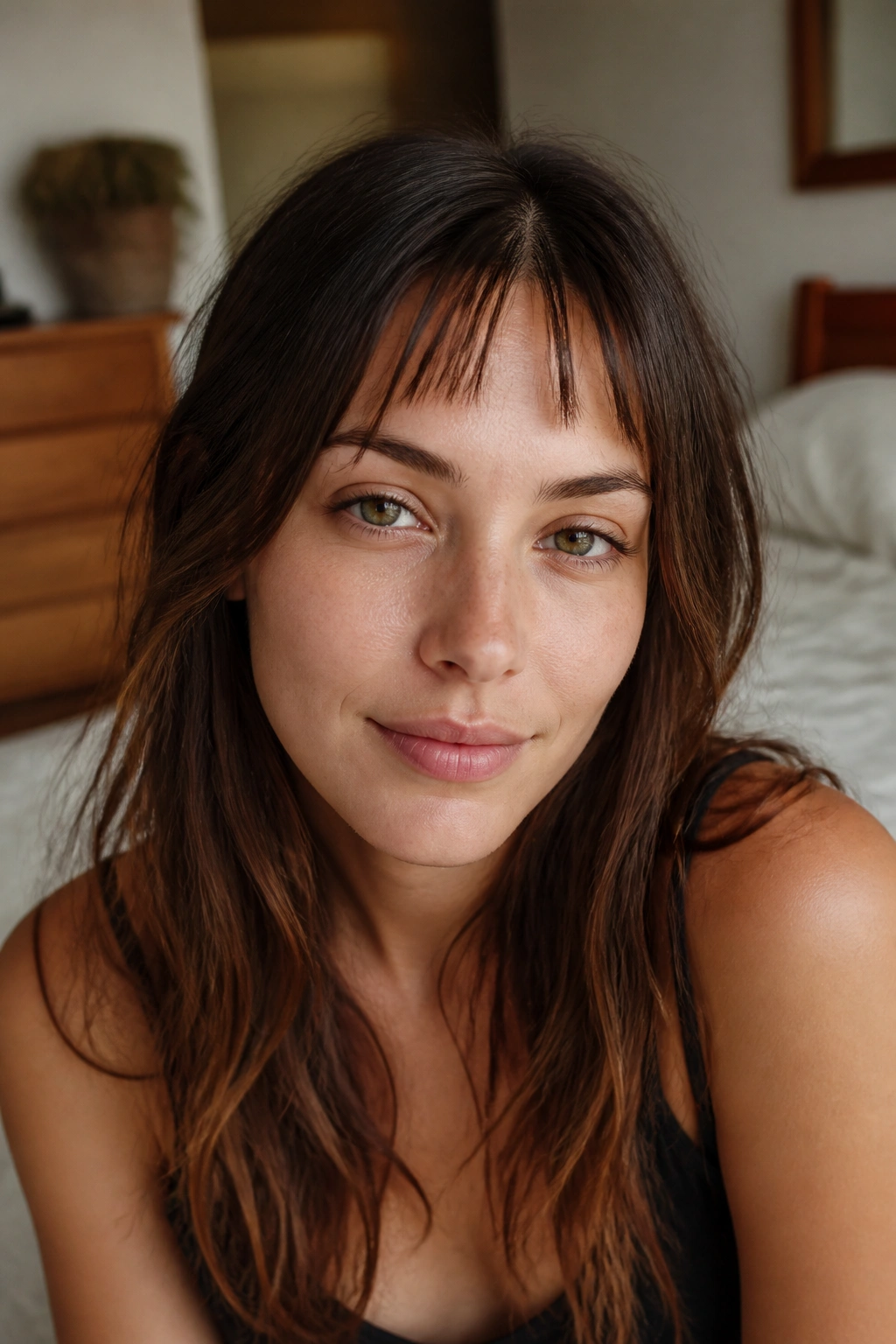 Close-up of a real woman with a piecey center-split micro bangs