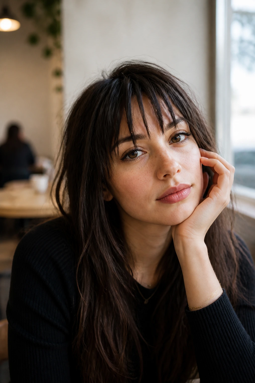 Close-up portrait of a real woman with piecey choppy bangs in a cafe setting.