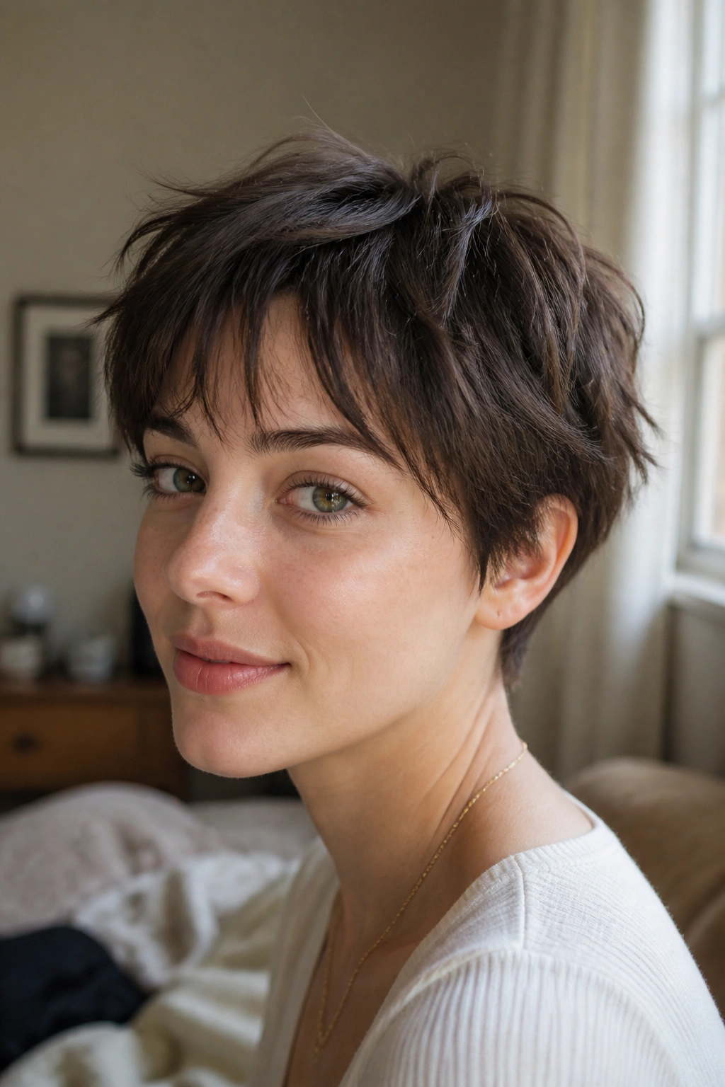 Close-up of a real woman with a piecey crop and wispy fringe in natural morning light.