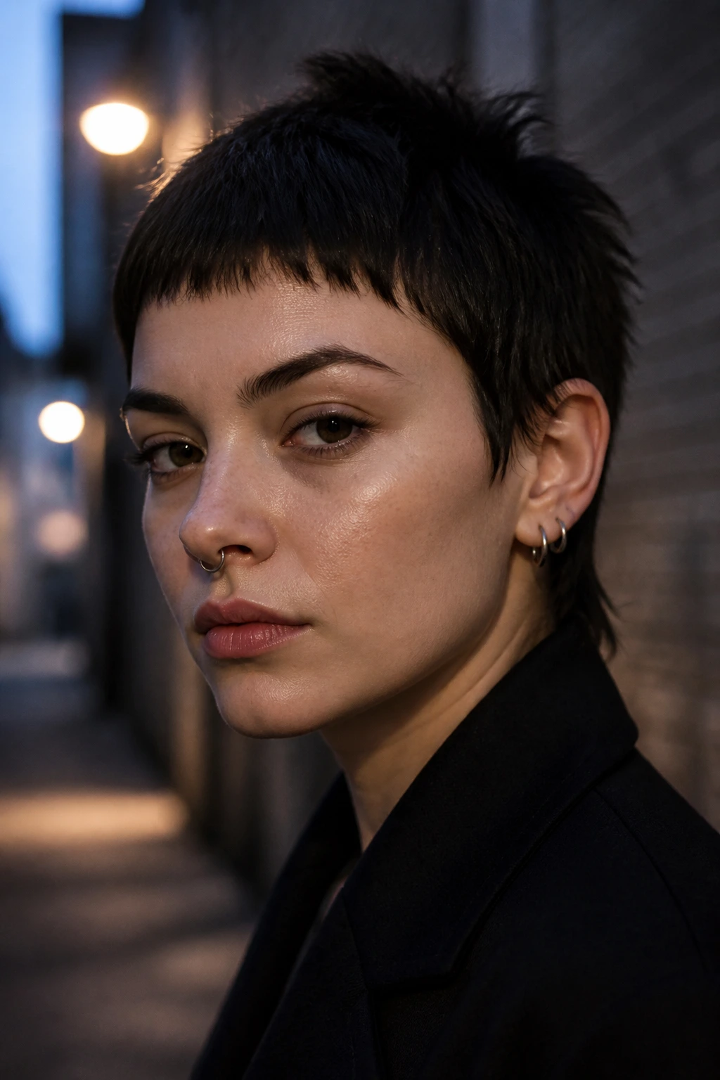 Close-up portrait of a real woman with a piecey crop and baby bangs in an urban alley at dusk