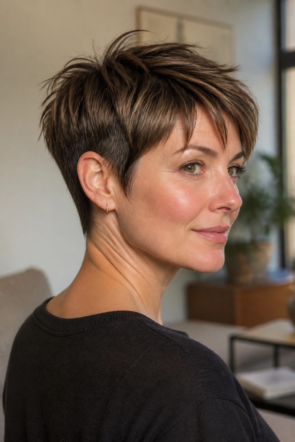 Close-up portrait of a real woman with a piecey crop and clean-nape, showing light, face-framing layers