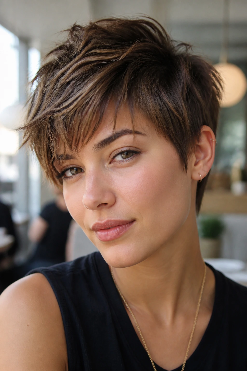 Real person with a piecey crop hairstyle showing defined textured tips.