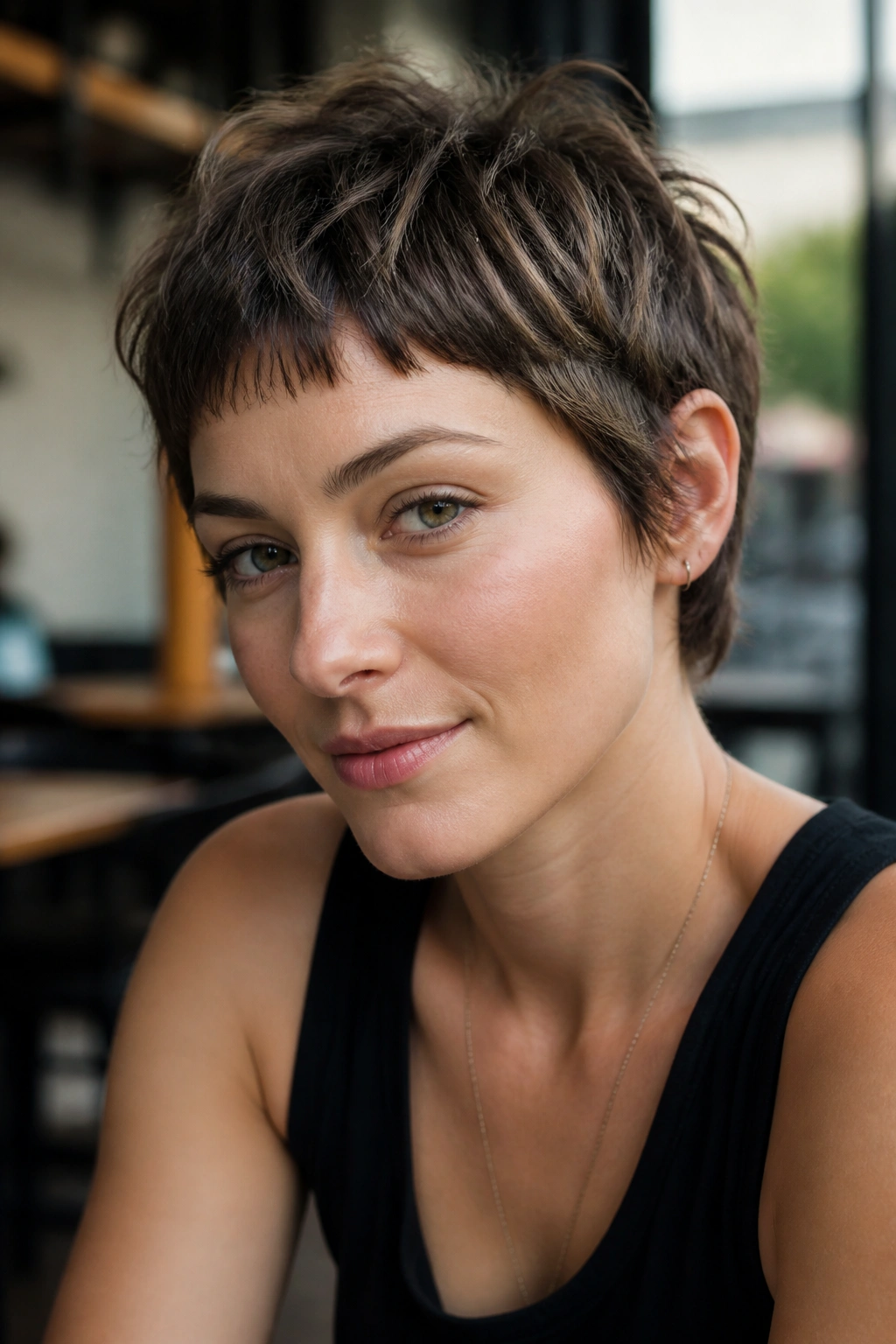 Piecey crop with micro fringe on a real person, showing edge and movement