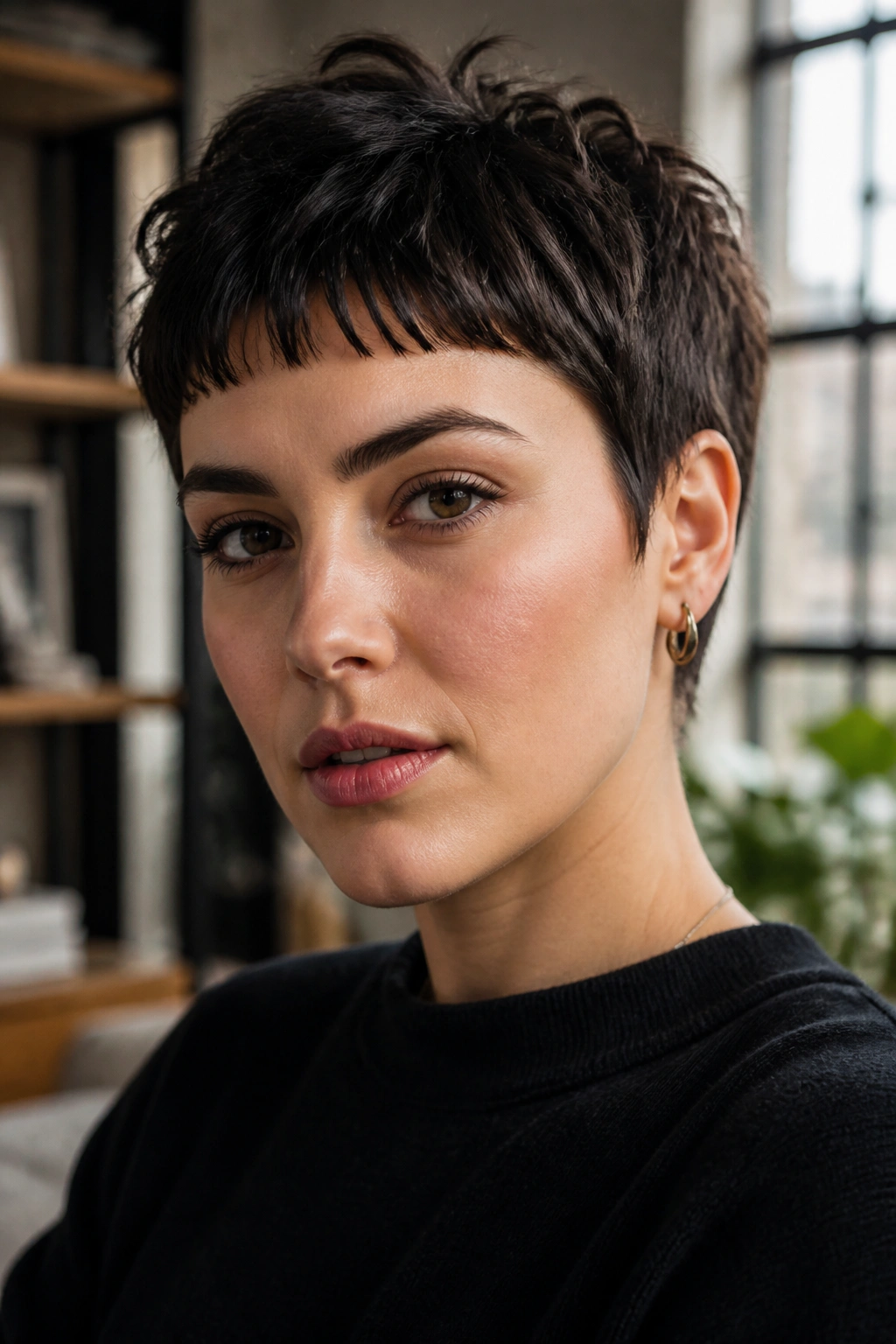 Close-up portrait of a real woman with a short piecey crop and micro fringe.