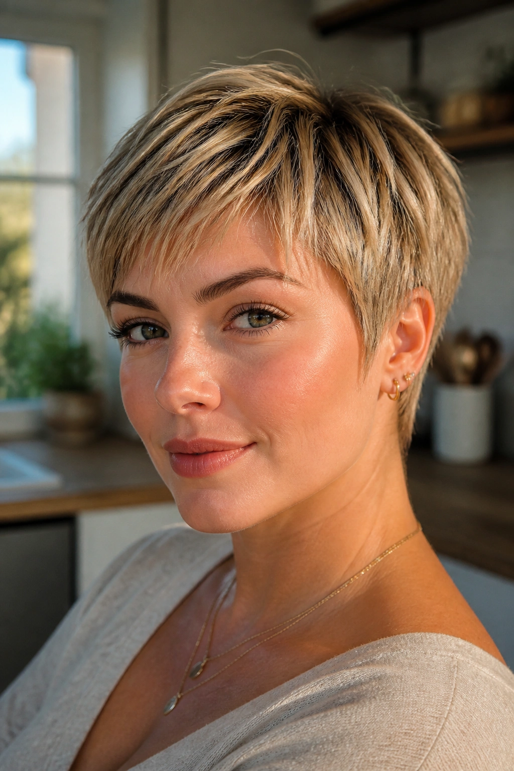 Real woman with piecey crop and micro highlights in warm window light