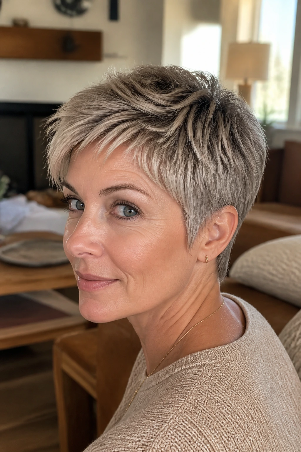 Close-up of a real woman with a piecey crop pixie showing textured crown and separated top sections in natural window light.