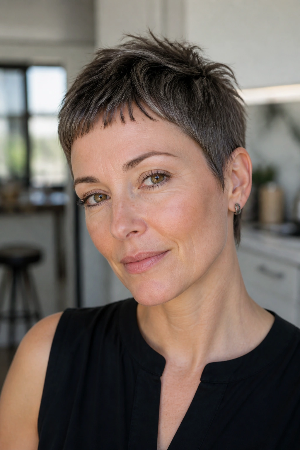 Close-up portrait of a real woman with a piecey cropped pixie and micro fringe