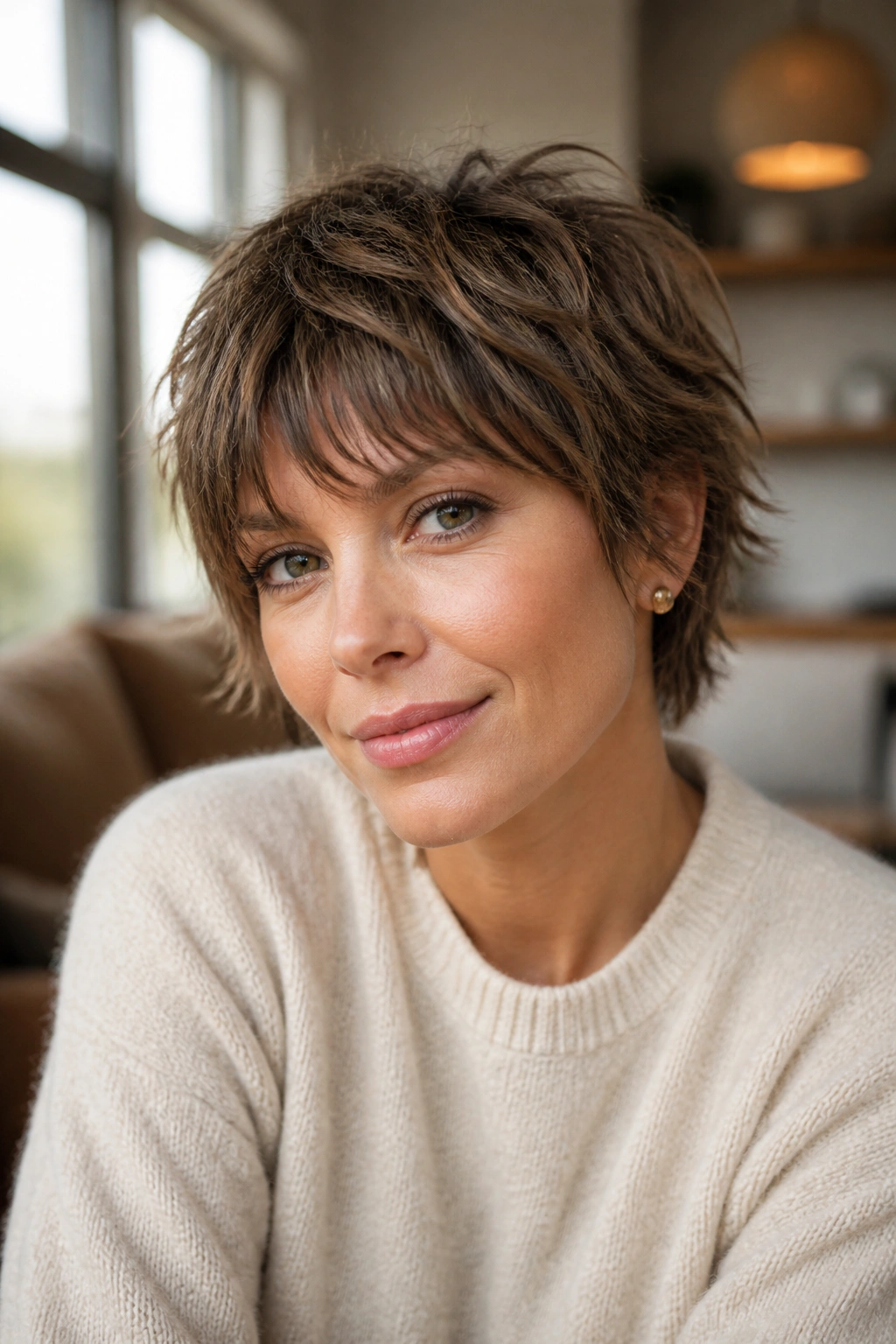 Close-up portrait of a real woman with a piecey cropped shag hairstyle in warm window light