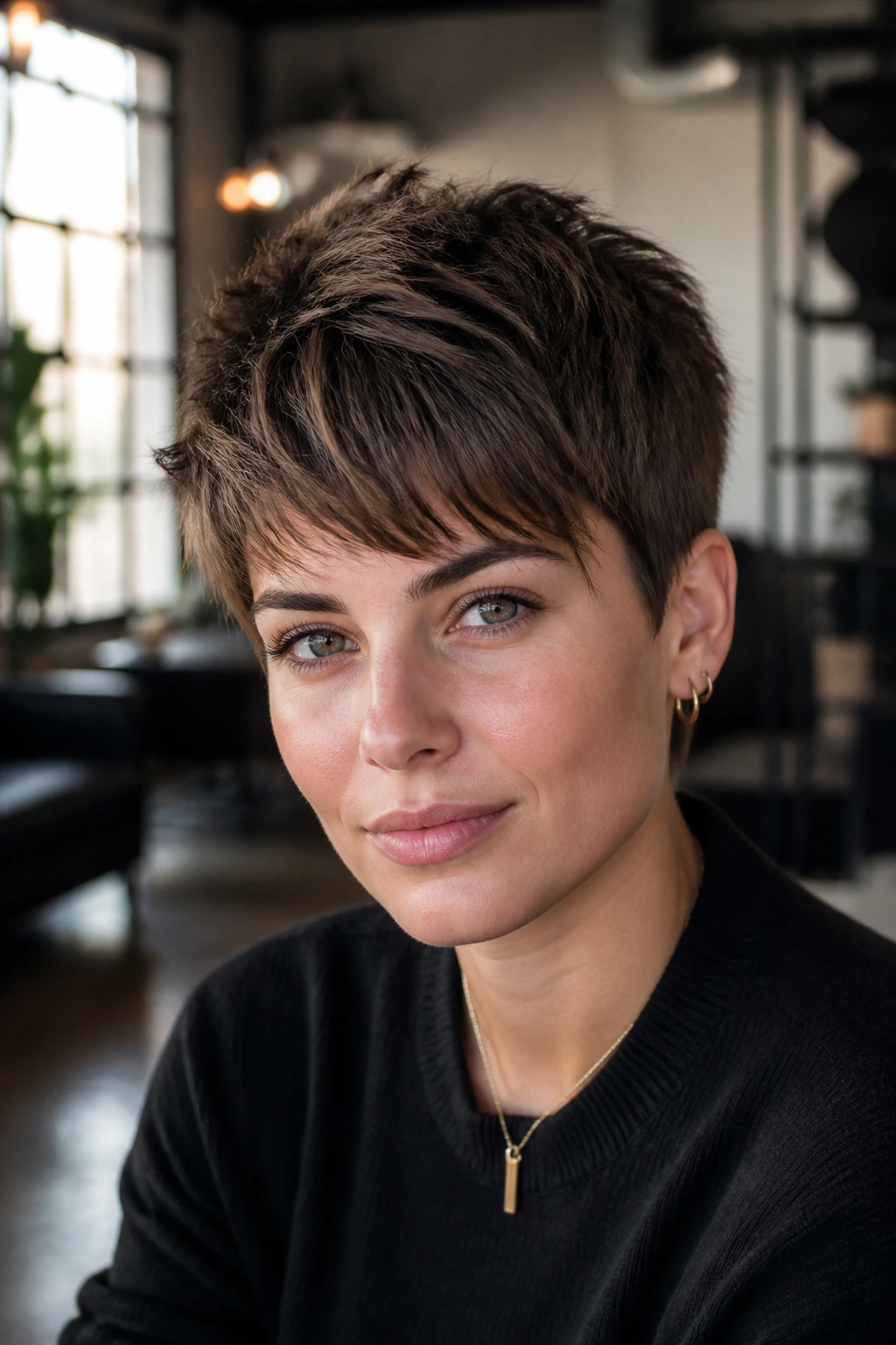 Close-up portrait of a real woman with a piecey cropped cut and textured top
