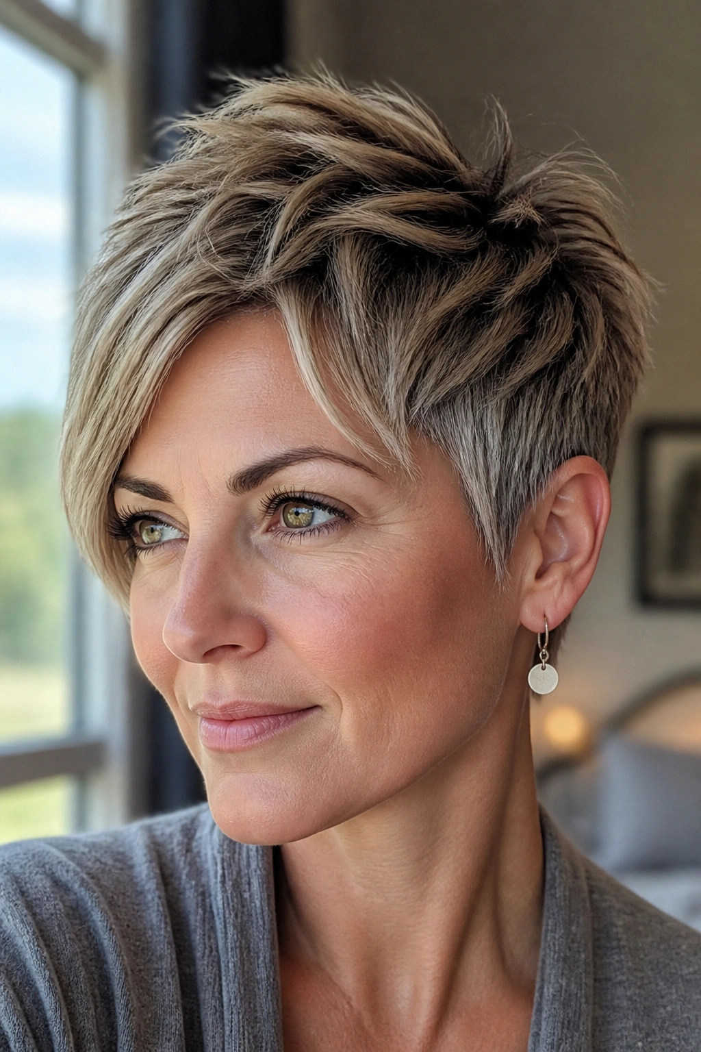 Close-up of a person with a piecey crown pixie showing lift in top hair