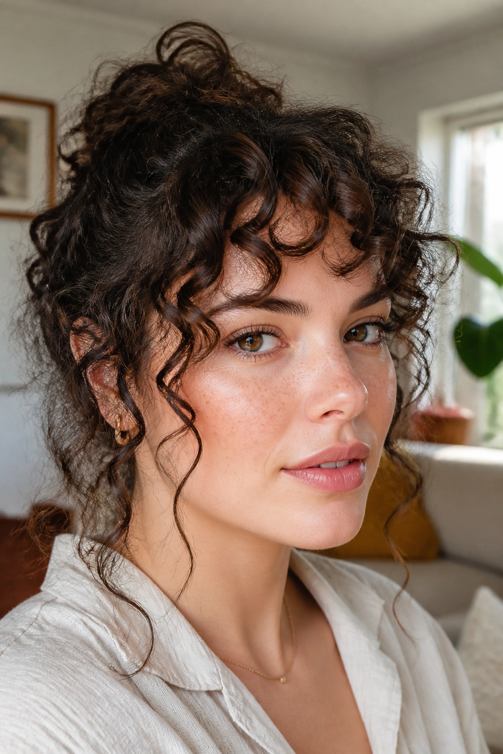 Woman with piecey curly bangs and face-framing tendrils in natural daylight.