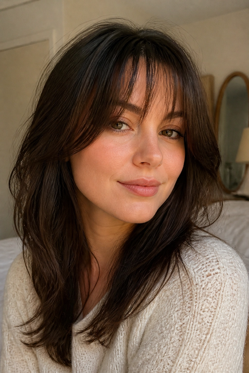 Close-up portrait of a real woman with piecey curtain bangs