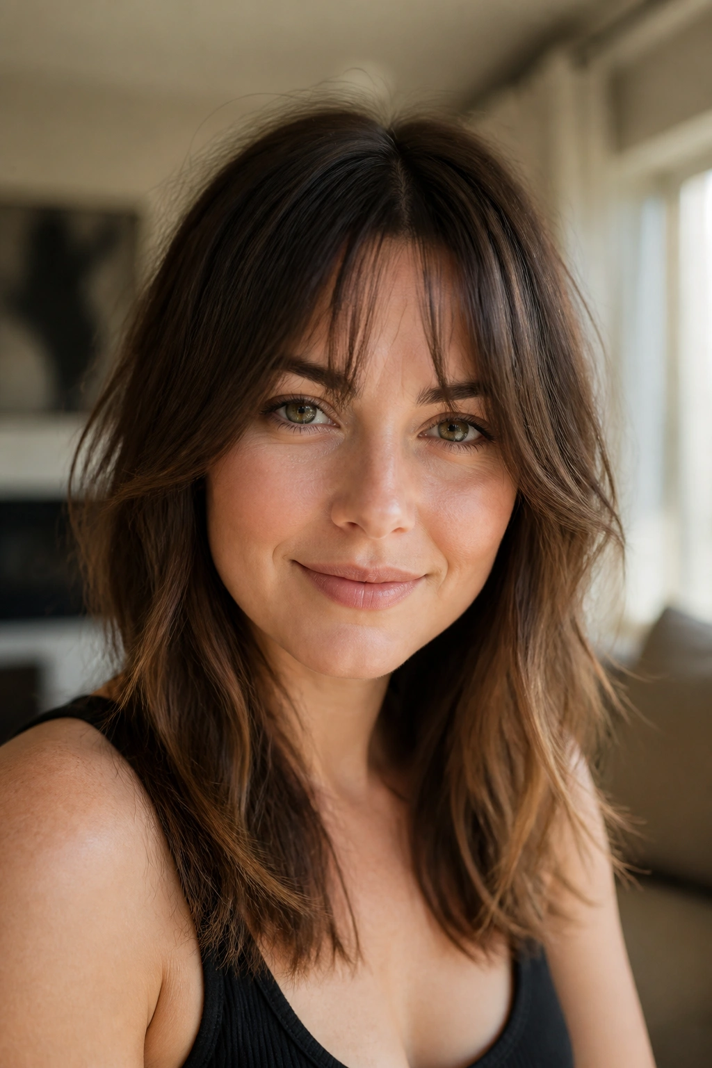 Close-up portrait of a real woman with piecey curtain bangs and textured ends in warm window light