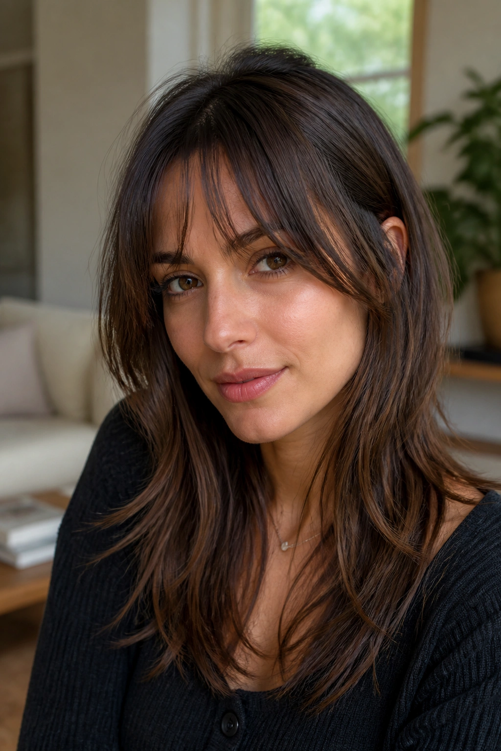 Close-up of a real woman with piecey curtain bangs and texture under natural window light