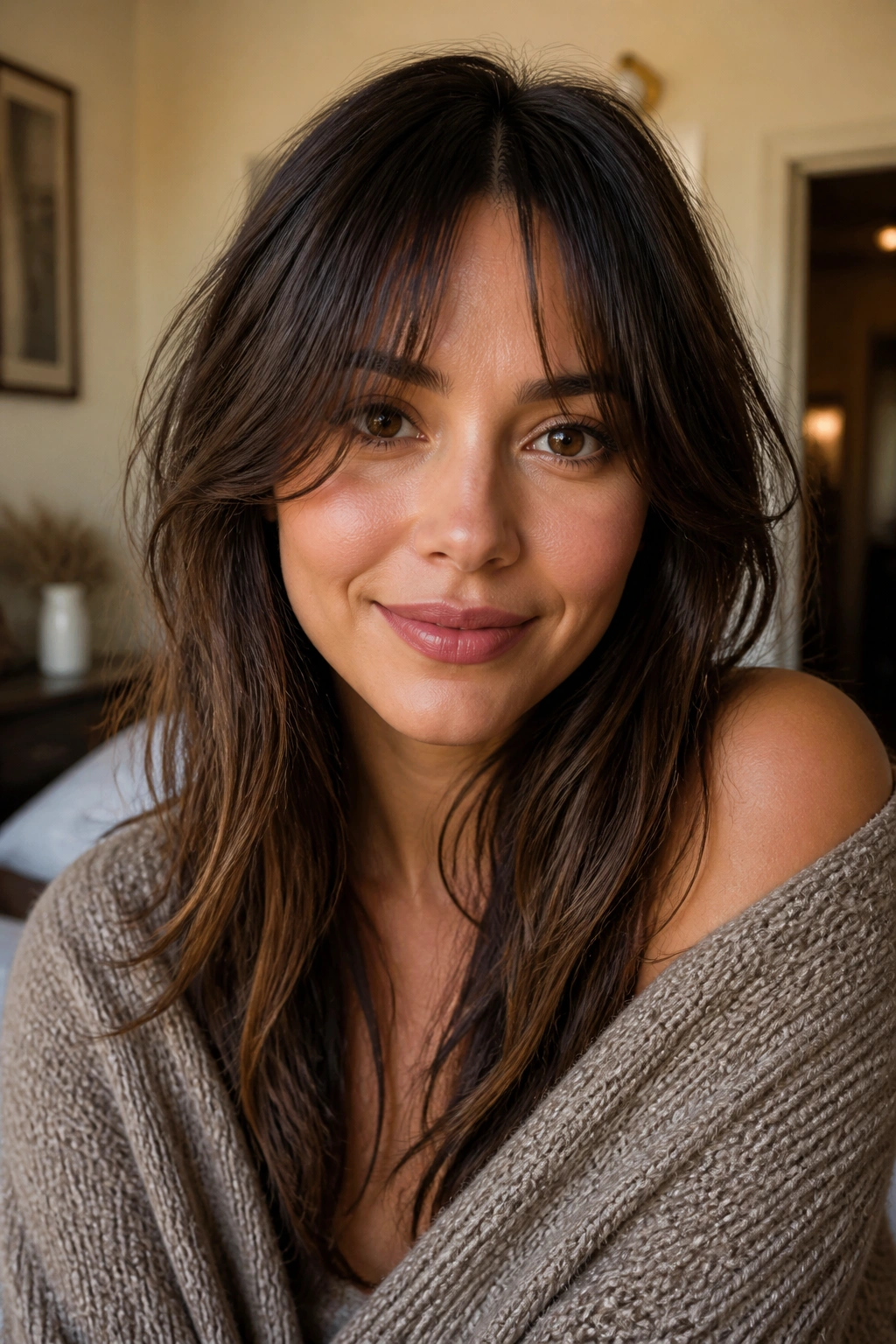 Close portrait of a real woman with piecey curtain bangs