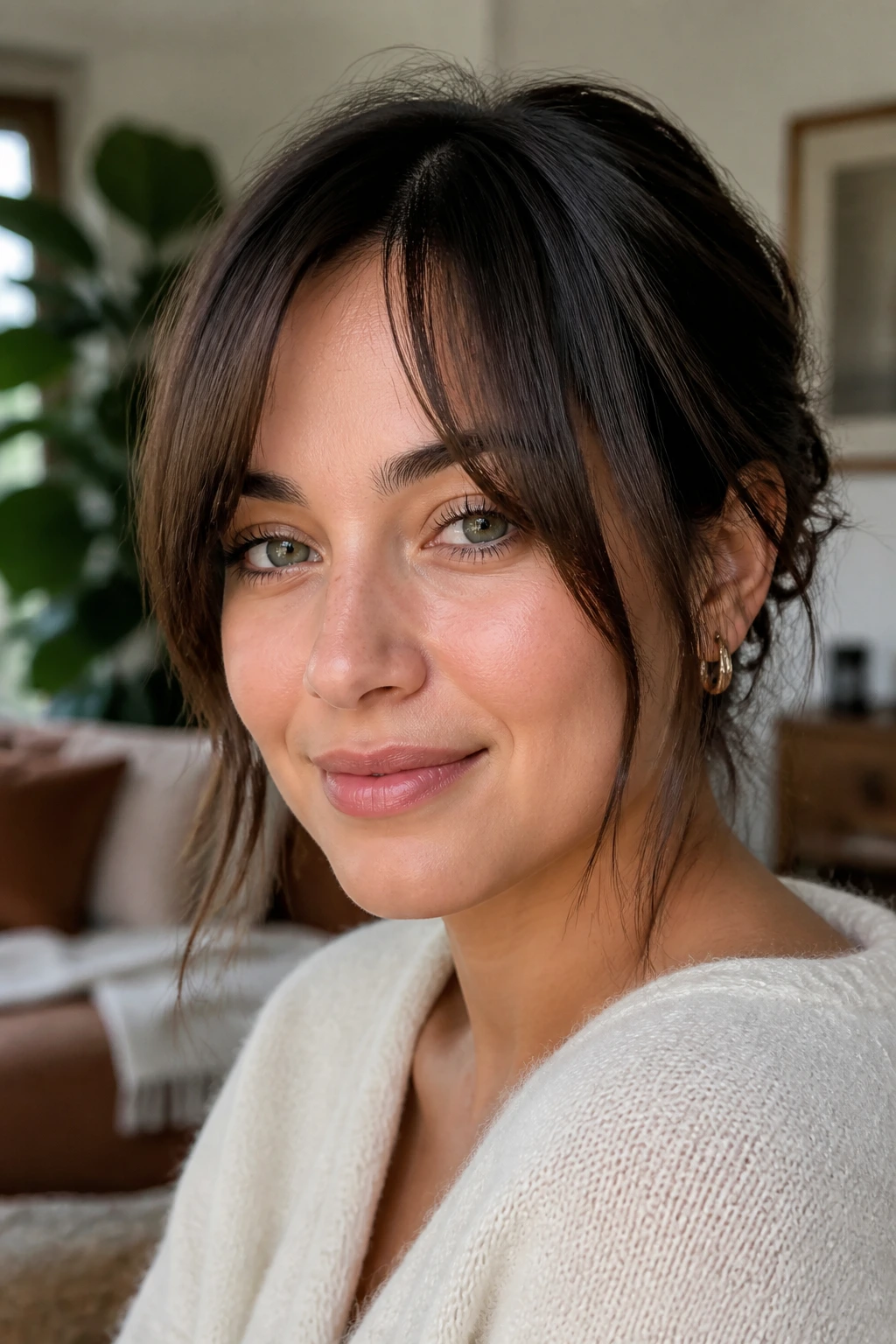 Close-up of a real woman with piecey curtain-style side bangs in a cozy room