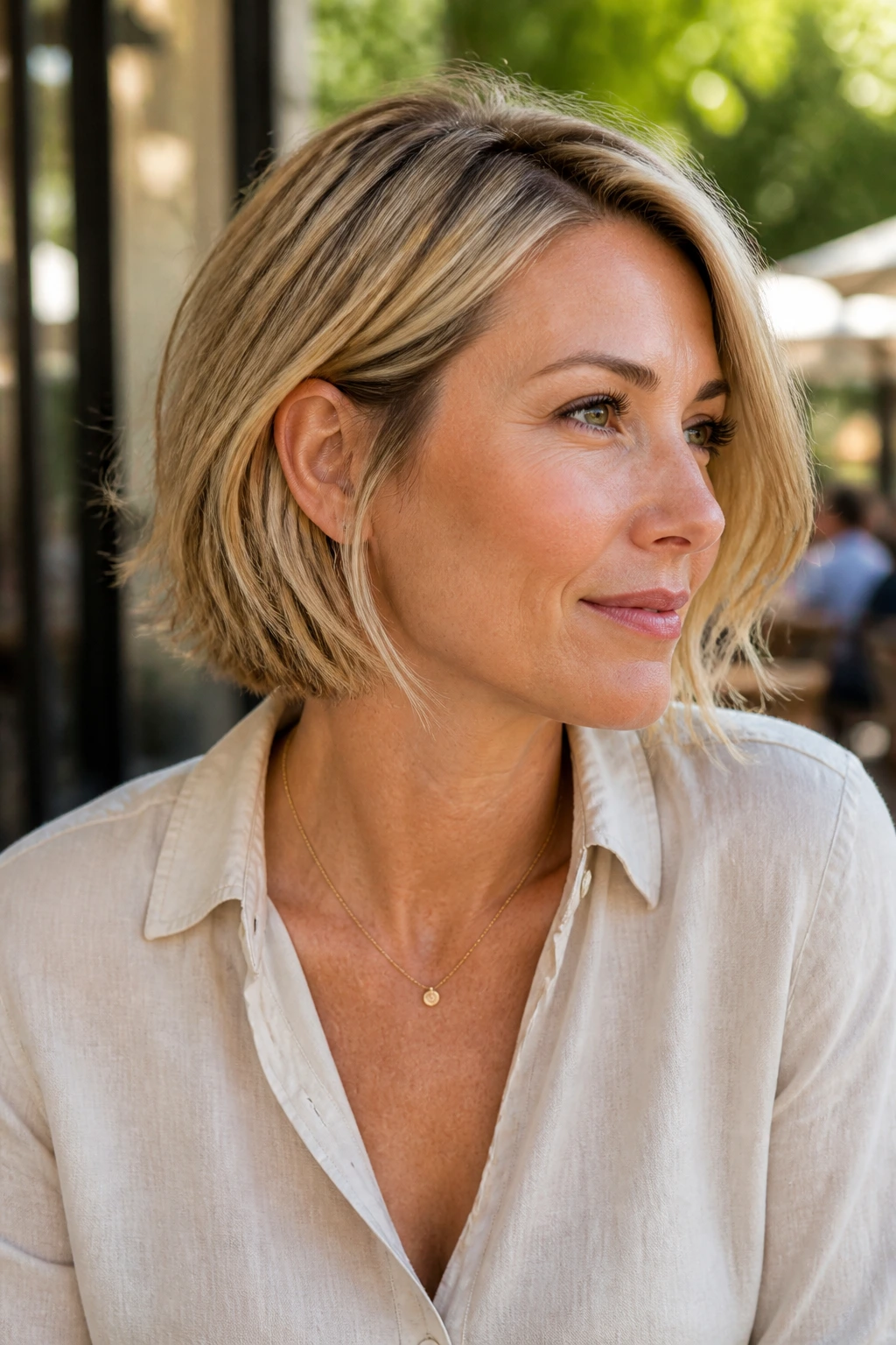 Real woman with sandy blonde bob, piecey ends and side flip in outdoor cafe light