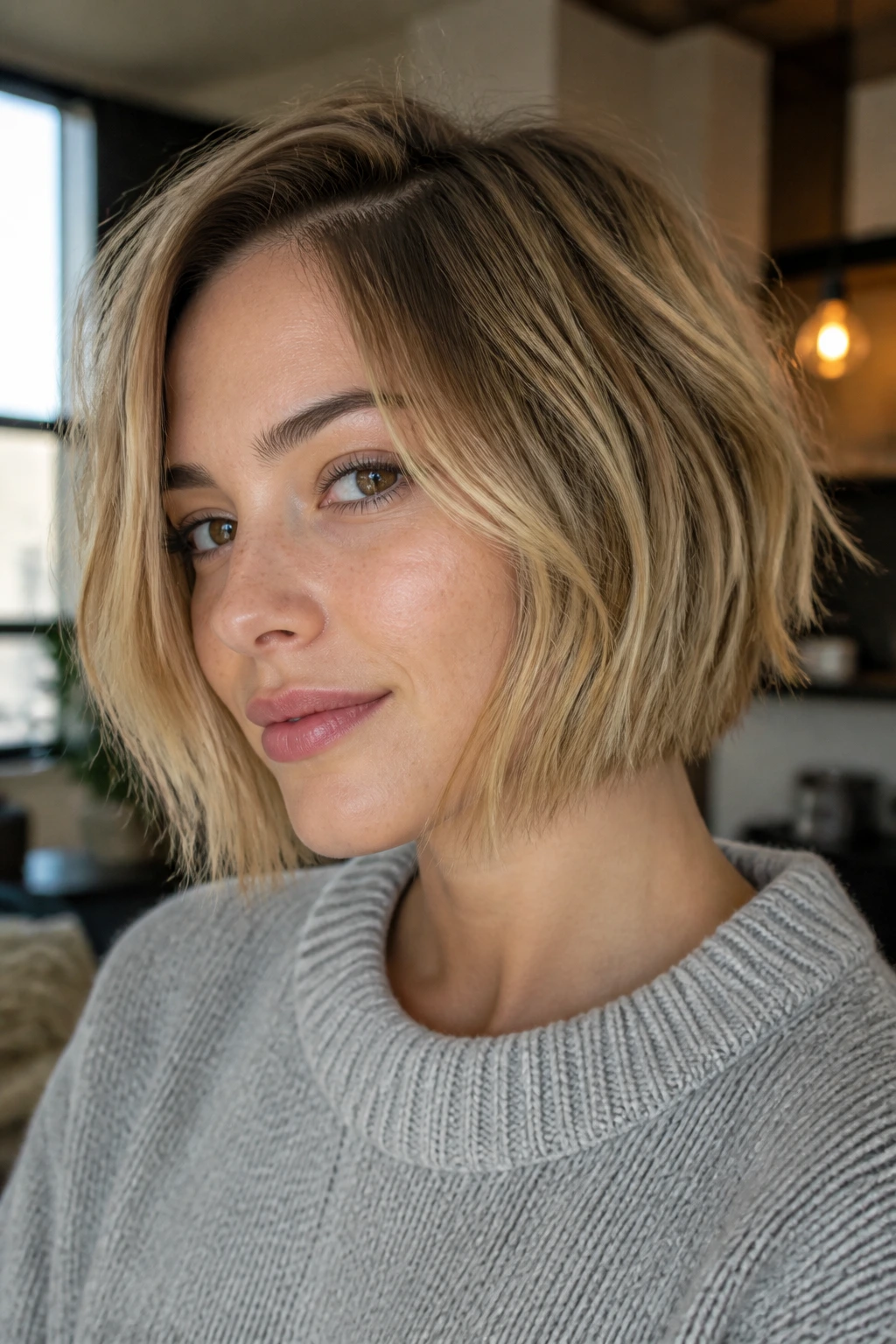 Portrait of a woman with piecey ends bob and texture spray look.