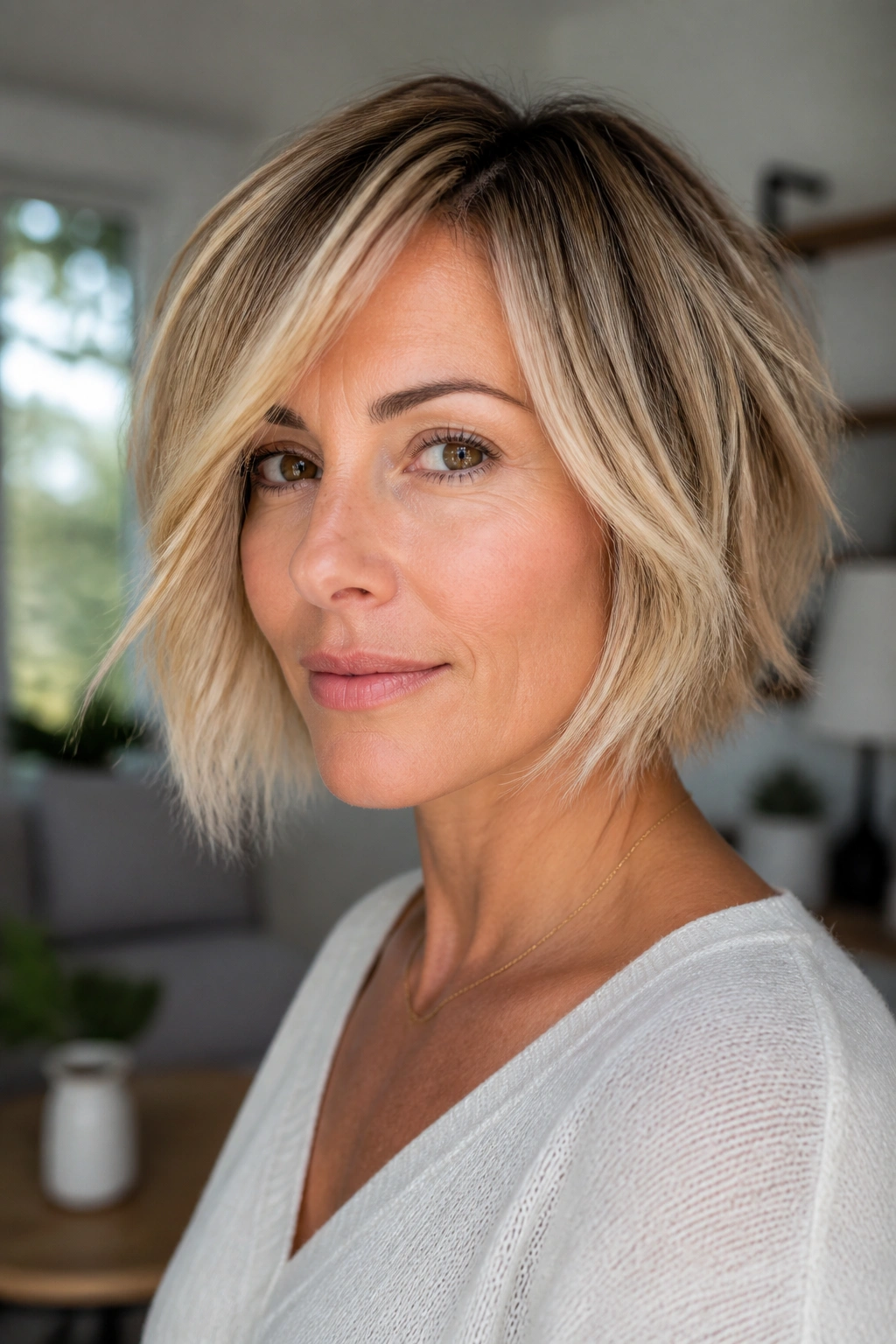 Real woman with feather-end piecey blonde bob in a bright room.