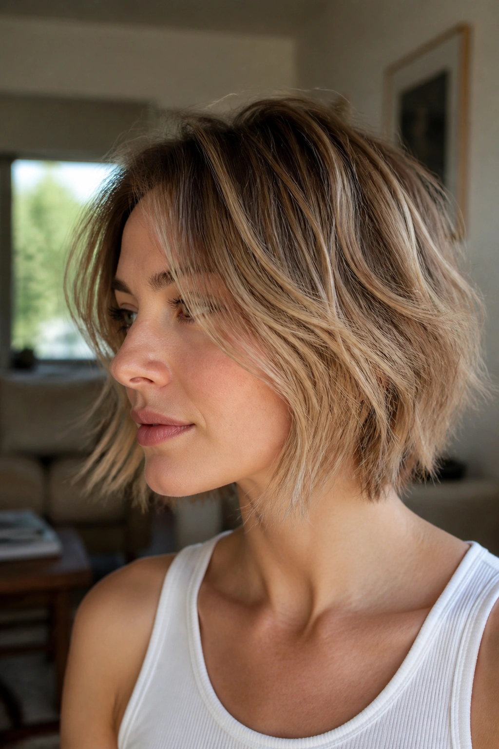 Close-up real-woman portrait with piecey feathered bob showing textured ends
