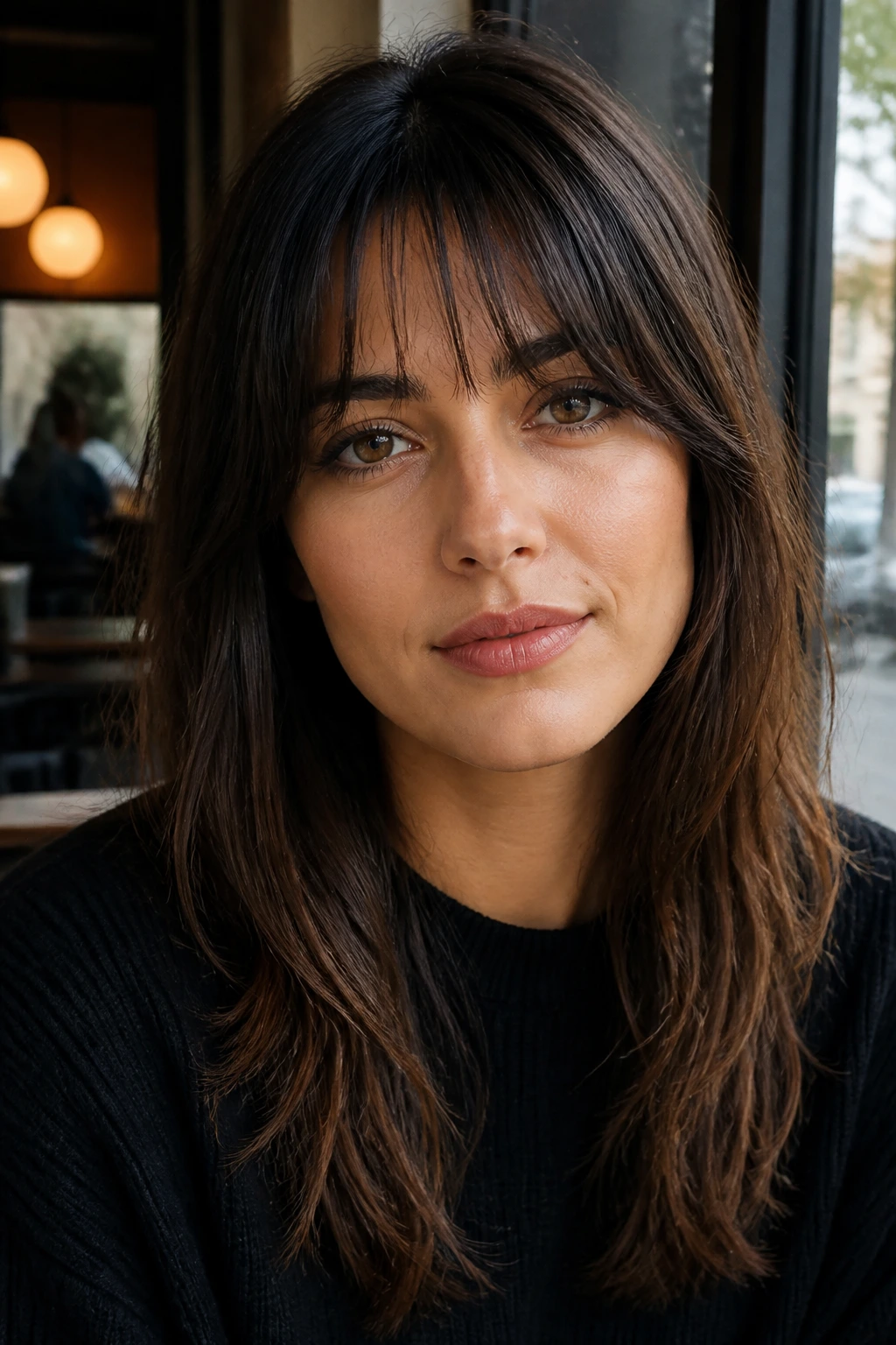 Close-up portrait of a real woman with dense center fringe feathered at the sides