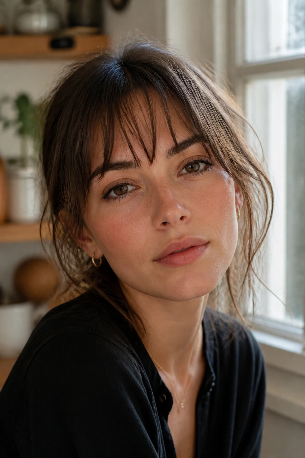 Close-up of real woman with piecey textured bangs and natural waves