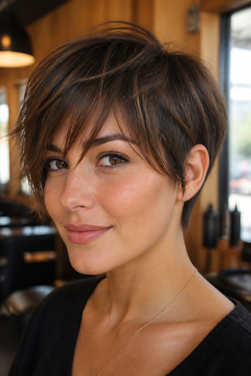 Close-up of a real woman with a piecey fringe and bixie cut in a sunlit salon