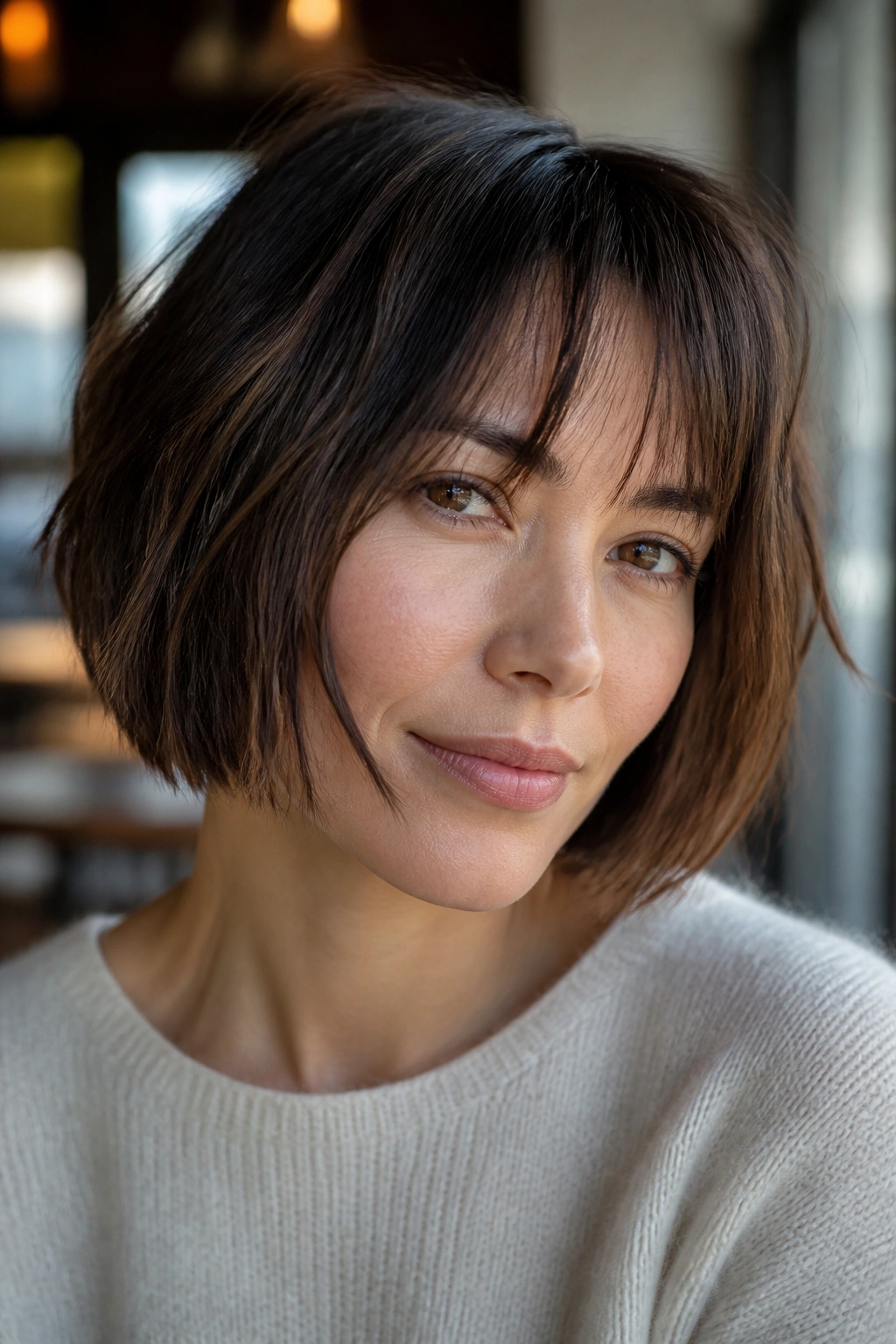 Close-up portrait of a real woman with a piecey fringe bob and uneven fringe strands.