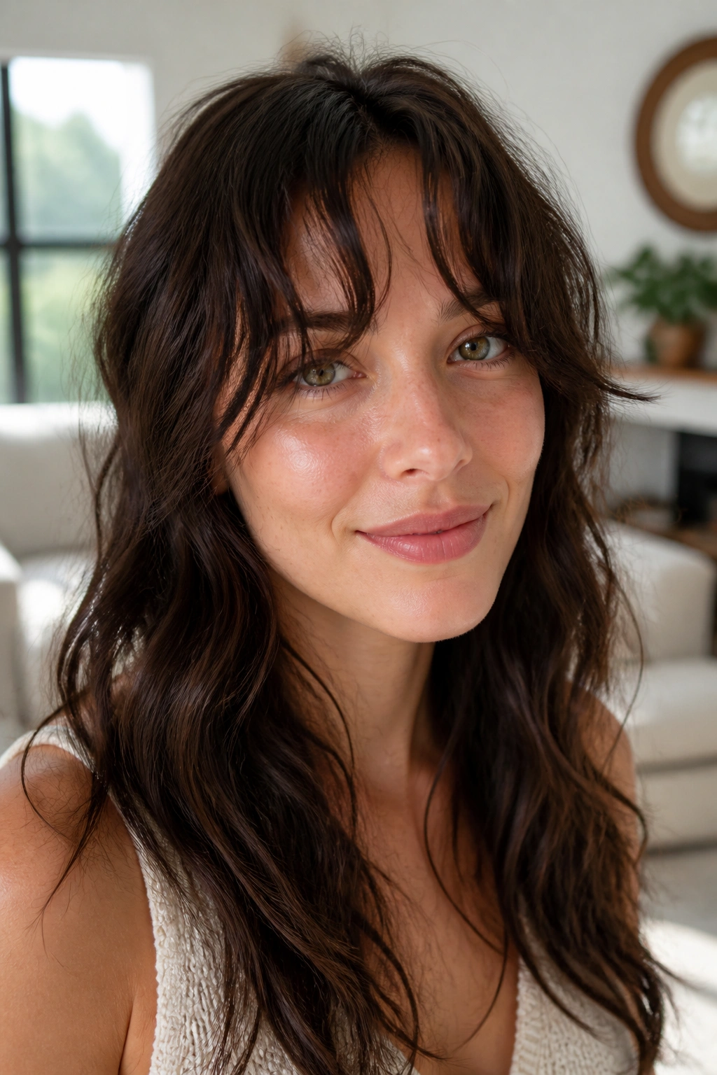 Close-up portrait of a woman with piecey center-opened fringe