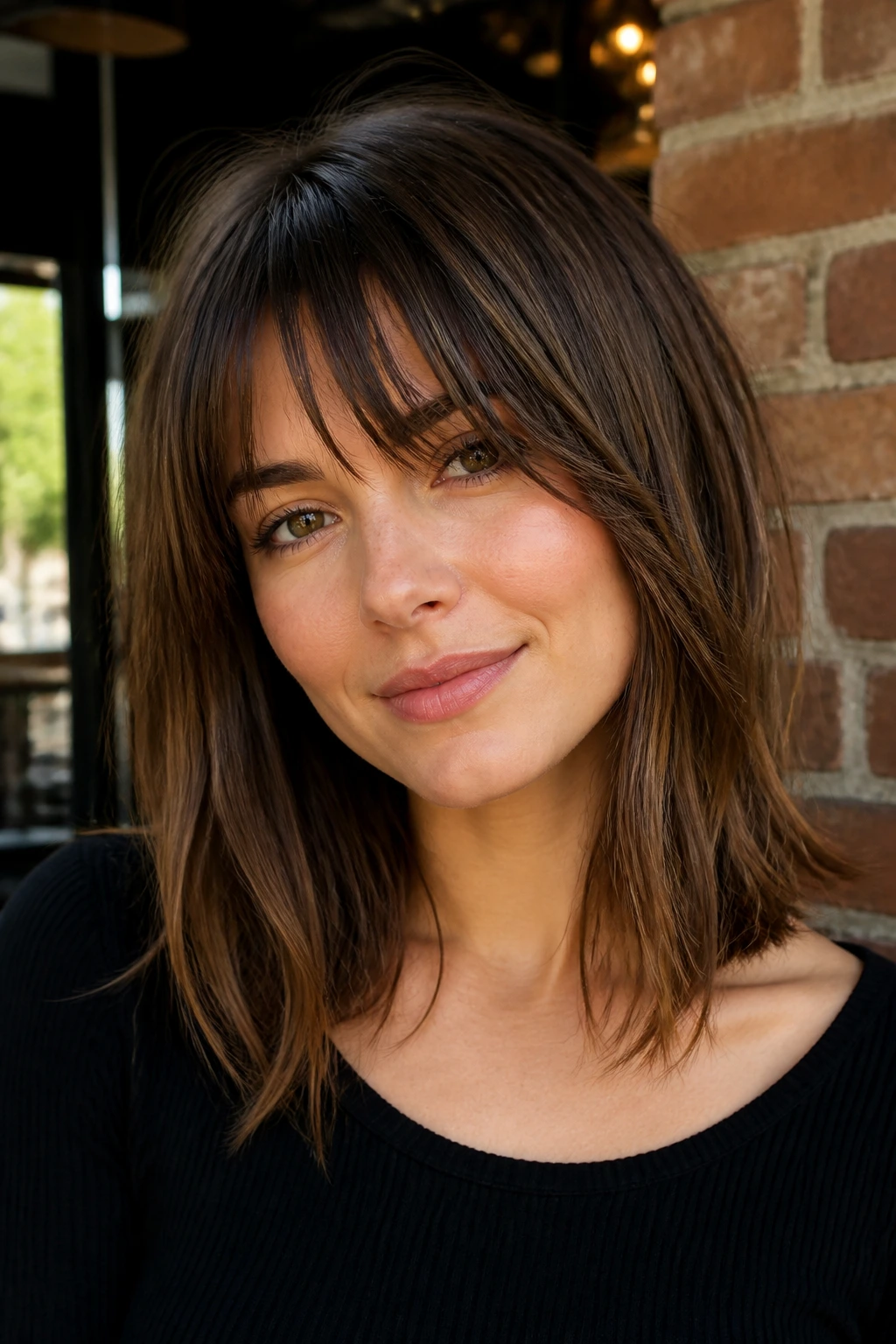 Real woman with piecey fringe and collarbone-length ends