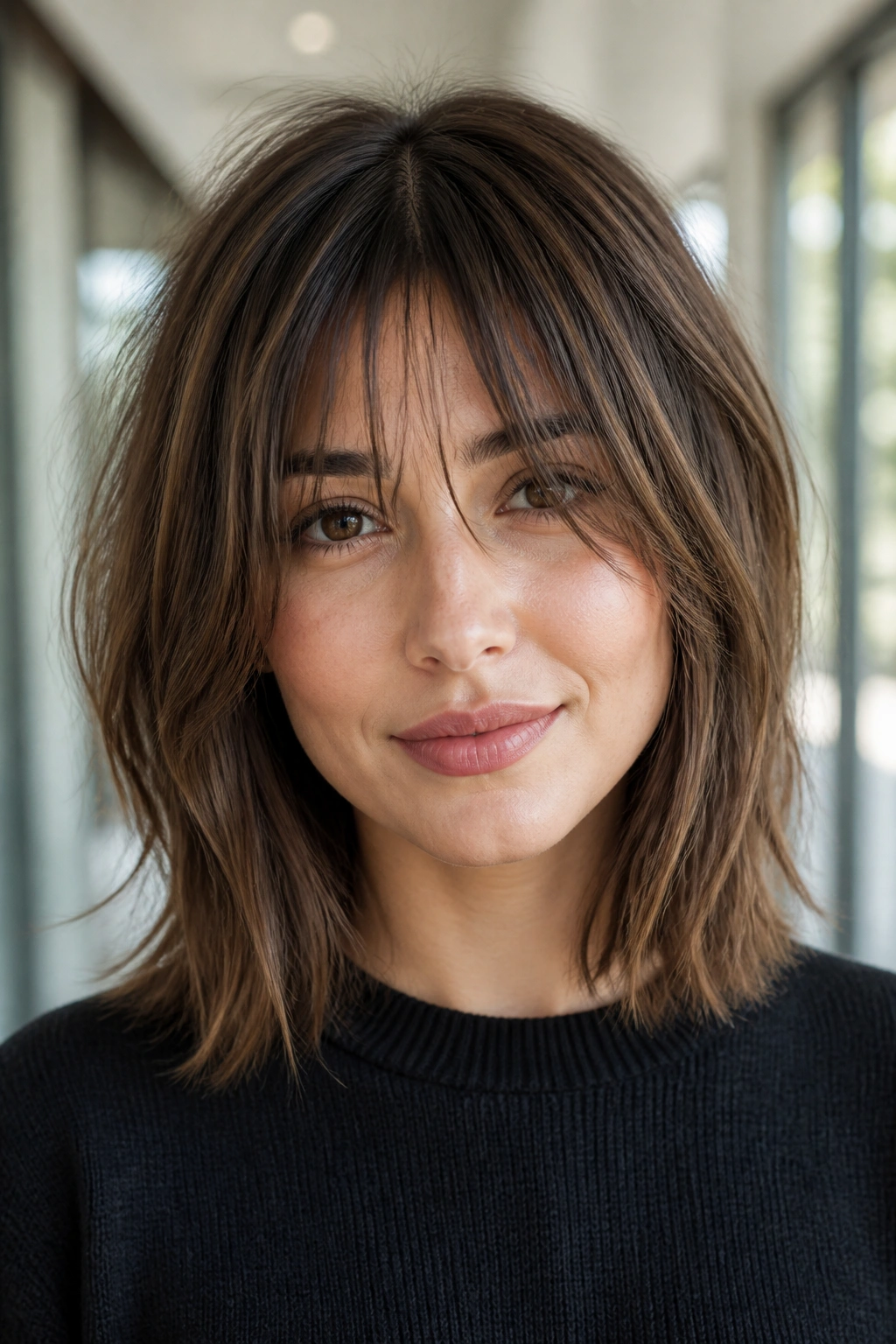 Close-up of a real person with a lob and piecey fringe