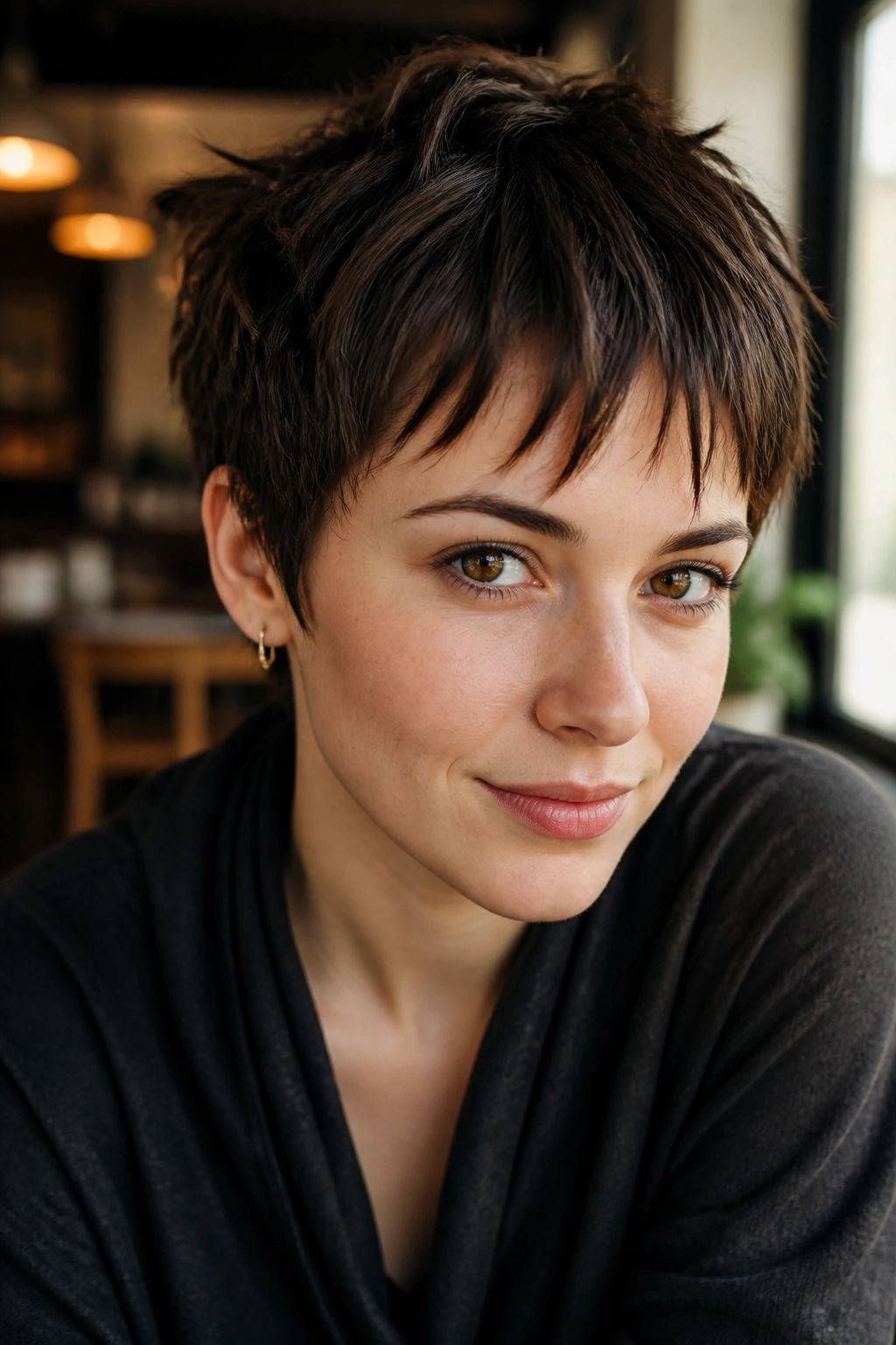 Close-up of a real person with a piecey fringe pixie and choppy ends in natural light