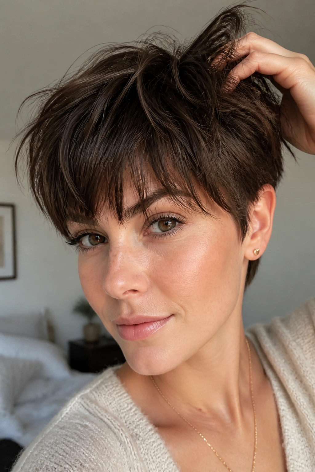 Close-up portrait of a real woman with a piecey fringe pixie and eyebrow-length fringe.
