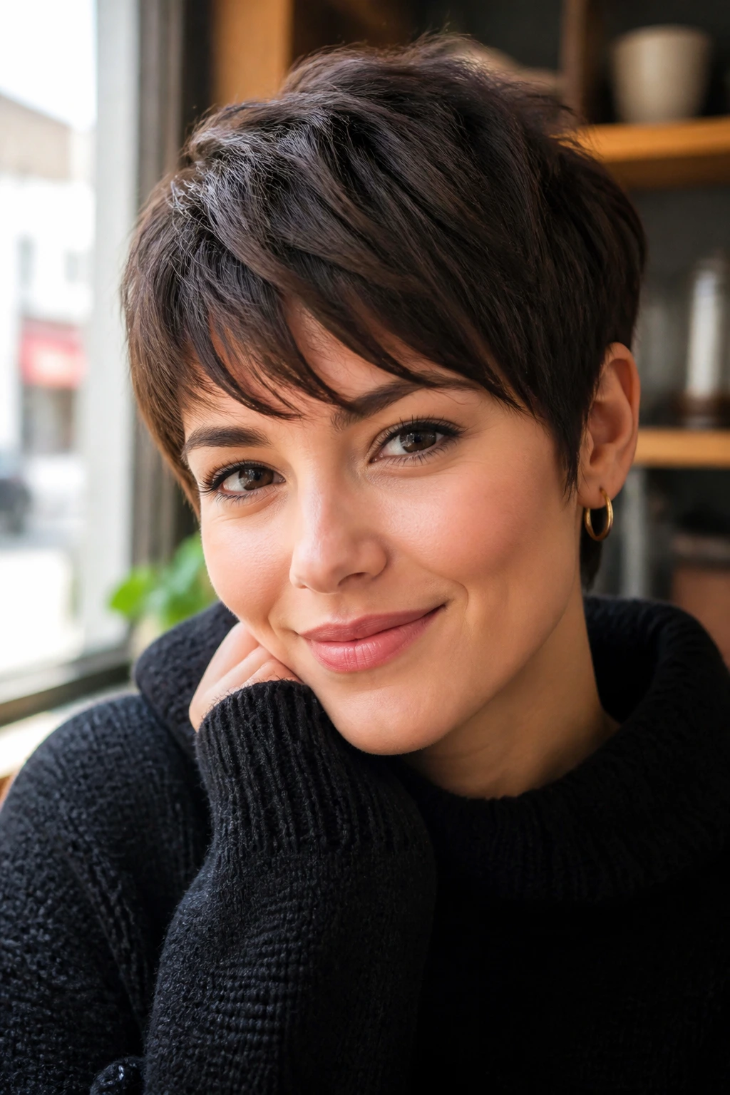 Close-up portrait of a real woman with a Piecey Fringe Pixie haircut