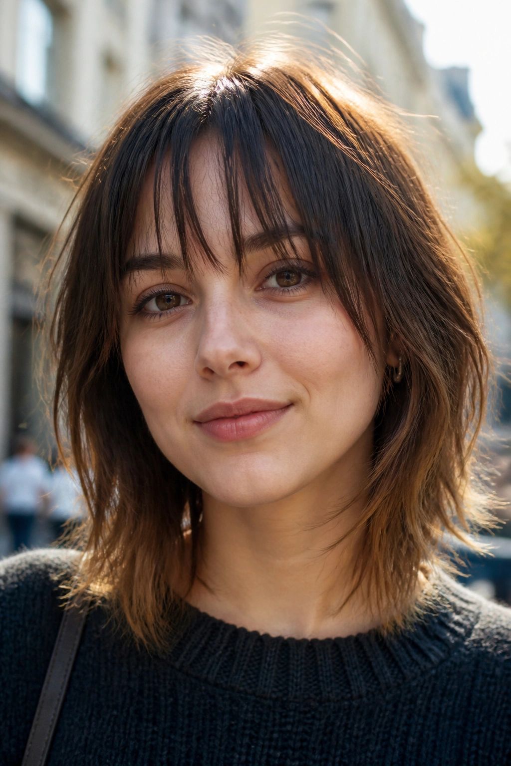 Close-up of a real woman with piecey shattered fringe and textured ends.
