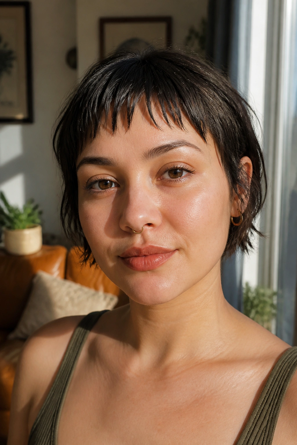 Close-up portrait of a real woman with a piecey fringe above the brows in warm window light