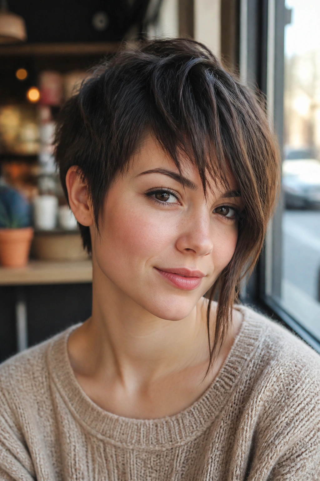 Close-up portrait of a real woman with piecey choppy fringe and longer temple side