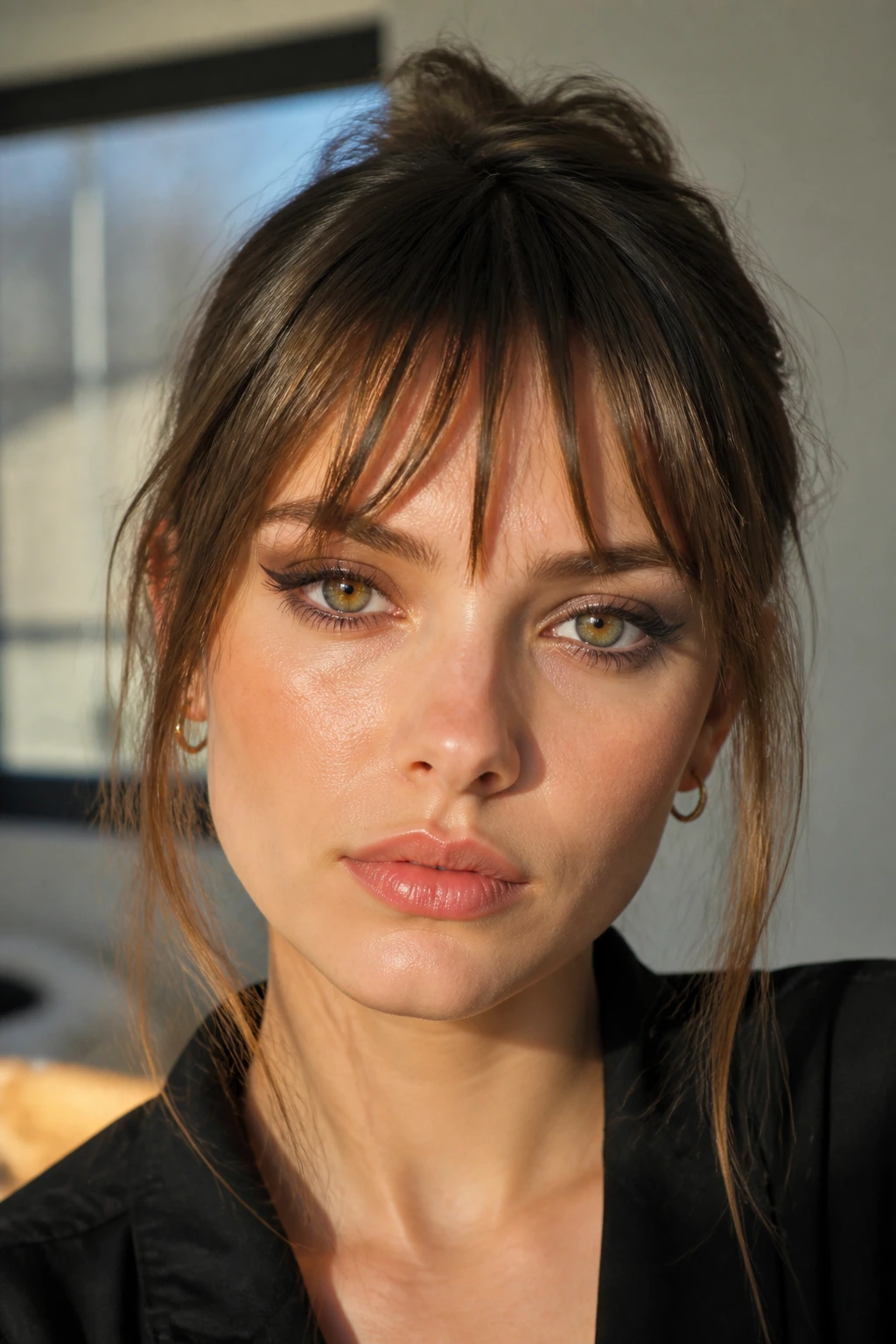 Close-up of a real woman with piecey, segmented fringe showing air pockets.