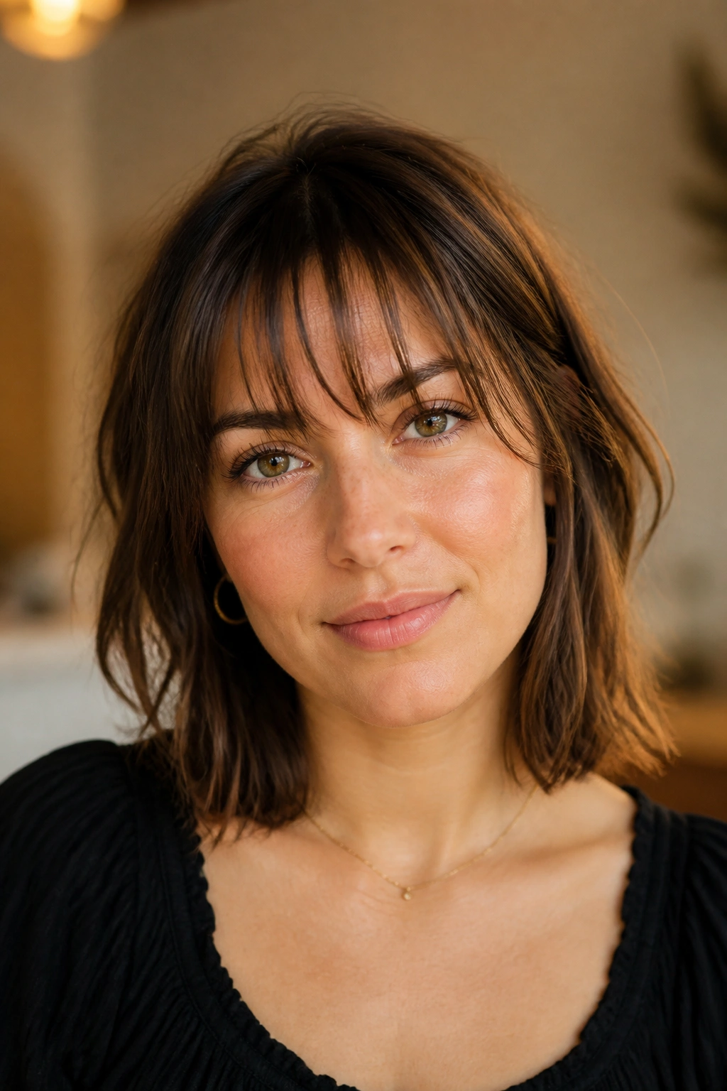 Close-up portrait showing piecey fringe with separated strands.