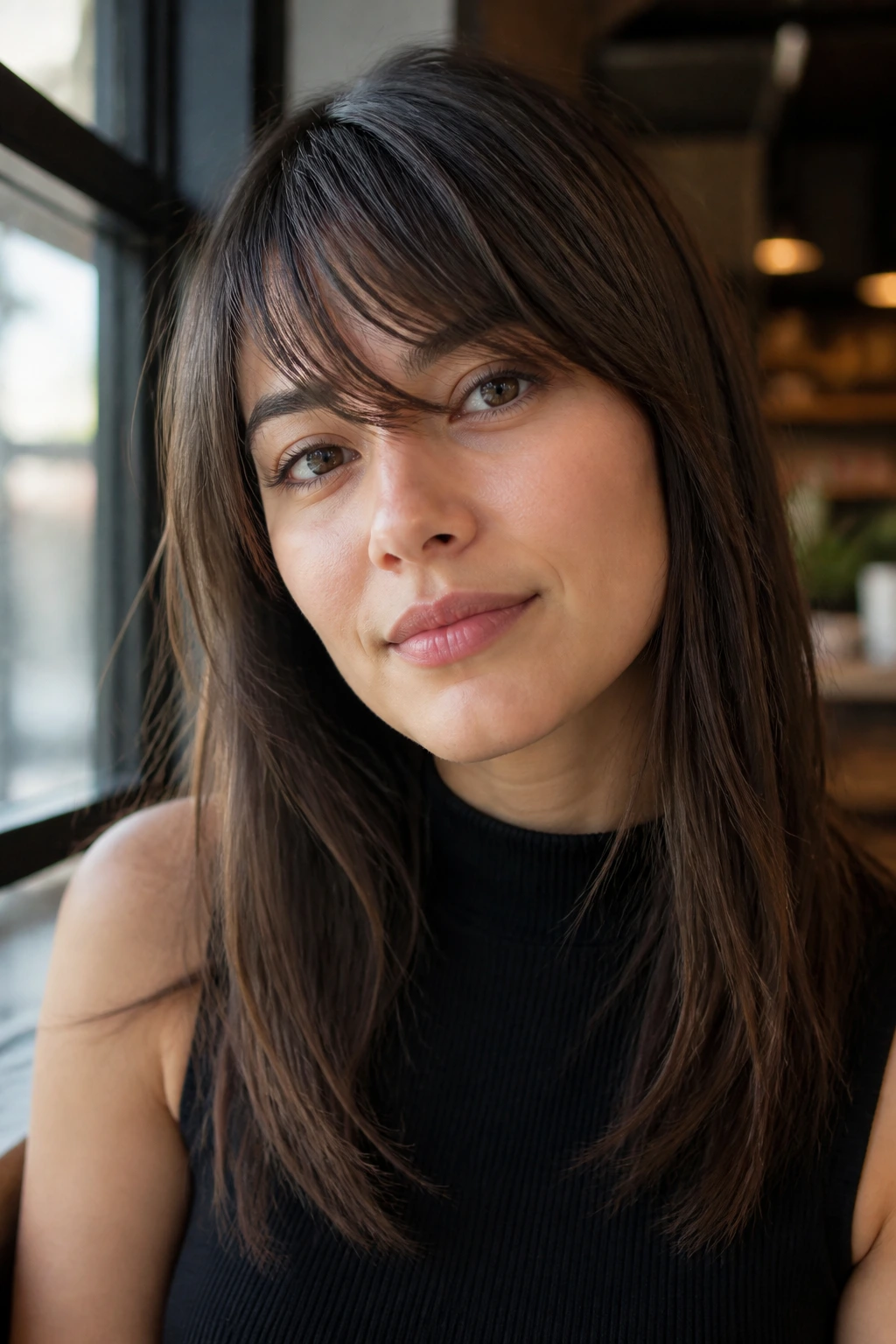 Close-up portrait of a real woman with textured piecey fringe on straight hair